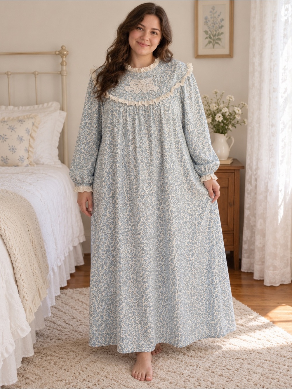 Handmade Blue Floral Cotton Nightgown with Lace Yoke Size XL or 1X Cottagecore
